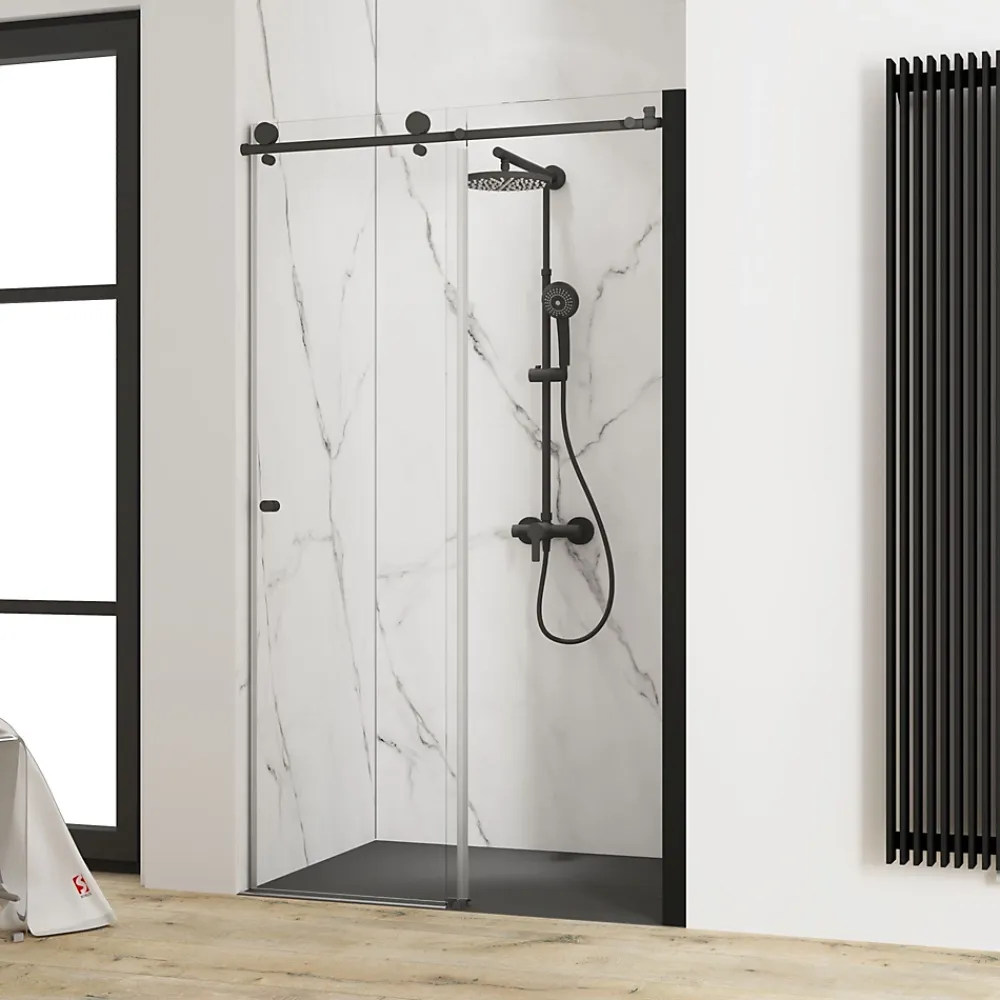 Schulte Porte de douche coulissante l.120 x H.200 cm, verre transparent, profilé noir mat, MasterClass