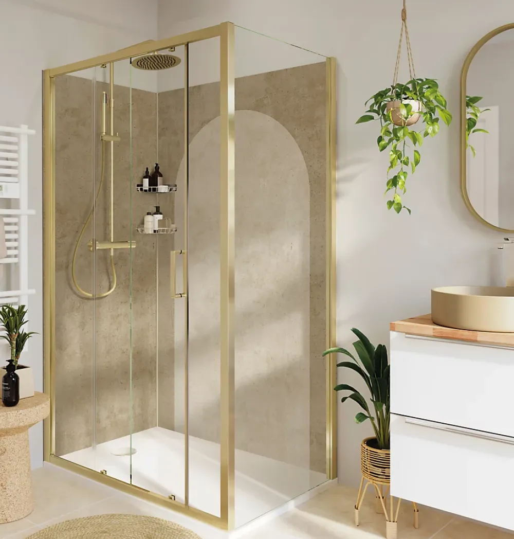 GoodHome Porte de douche coulissante l.120 x H.195 cm, verre transparent, profilés alu finition doré brossé, Ledava