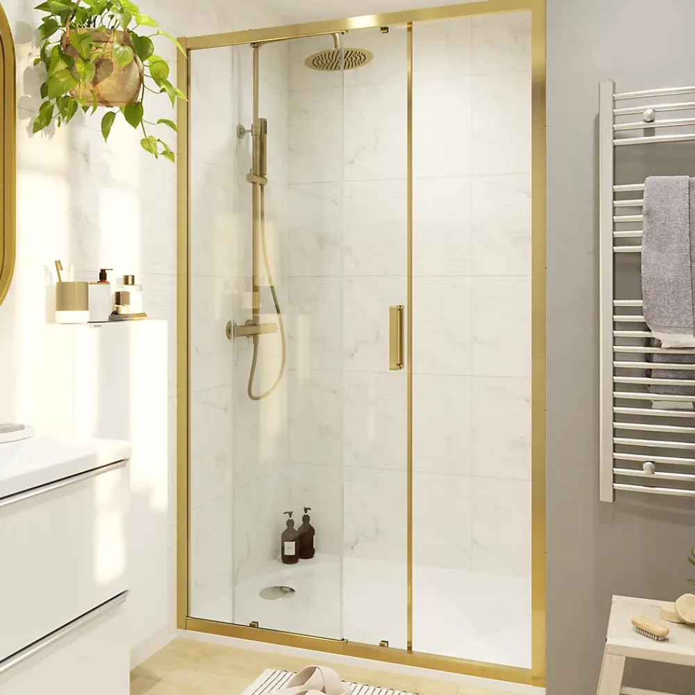 GoodHome Porte de douche coulissante l.120 x H.195 cm, verre transparent, profilés alu finition doré brossé, Ledava