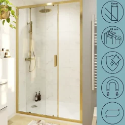 GoodHome Porte de douche coulissante l.120 x H.195 cm, verre transparent, profilés alu finition doré brossé, Ledava