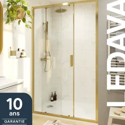GoodHome Porte de douche coulissante l.120 x H.195 cm, verre transparent, profilés alu finition doré brossé, Ledava