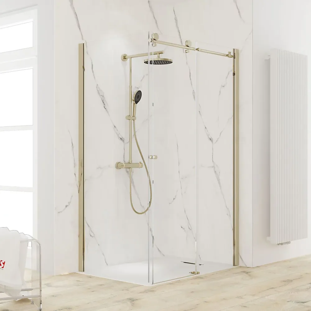 Schulte Porte de douche coulissante avec paroi latérale l.100+80 x H.200 cm, verre transparent, profilé doré mat, MasterClass
