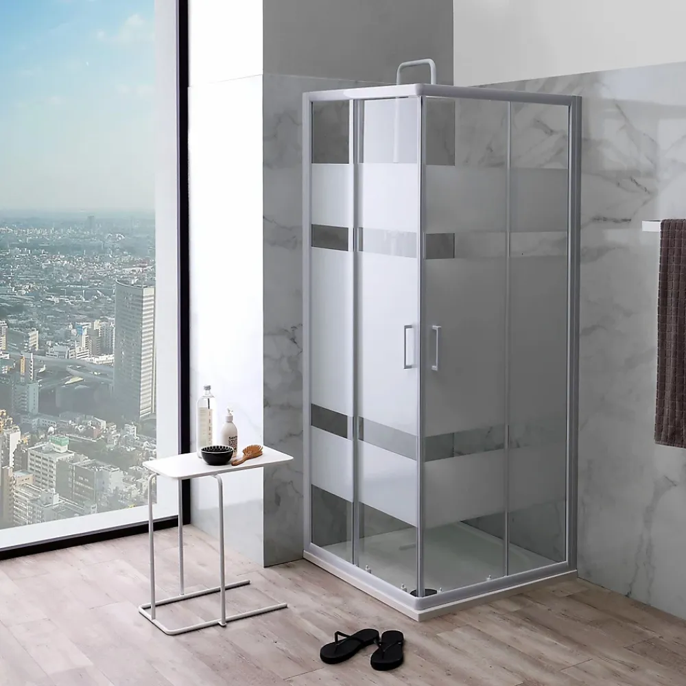 Porte De Douche|Kiamami Valentina Porte De Douche D'angle 75X75 Verre Sérigraphié Profils Blancs - Venere