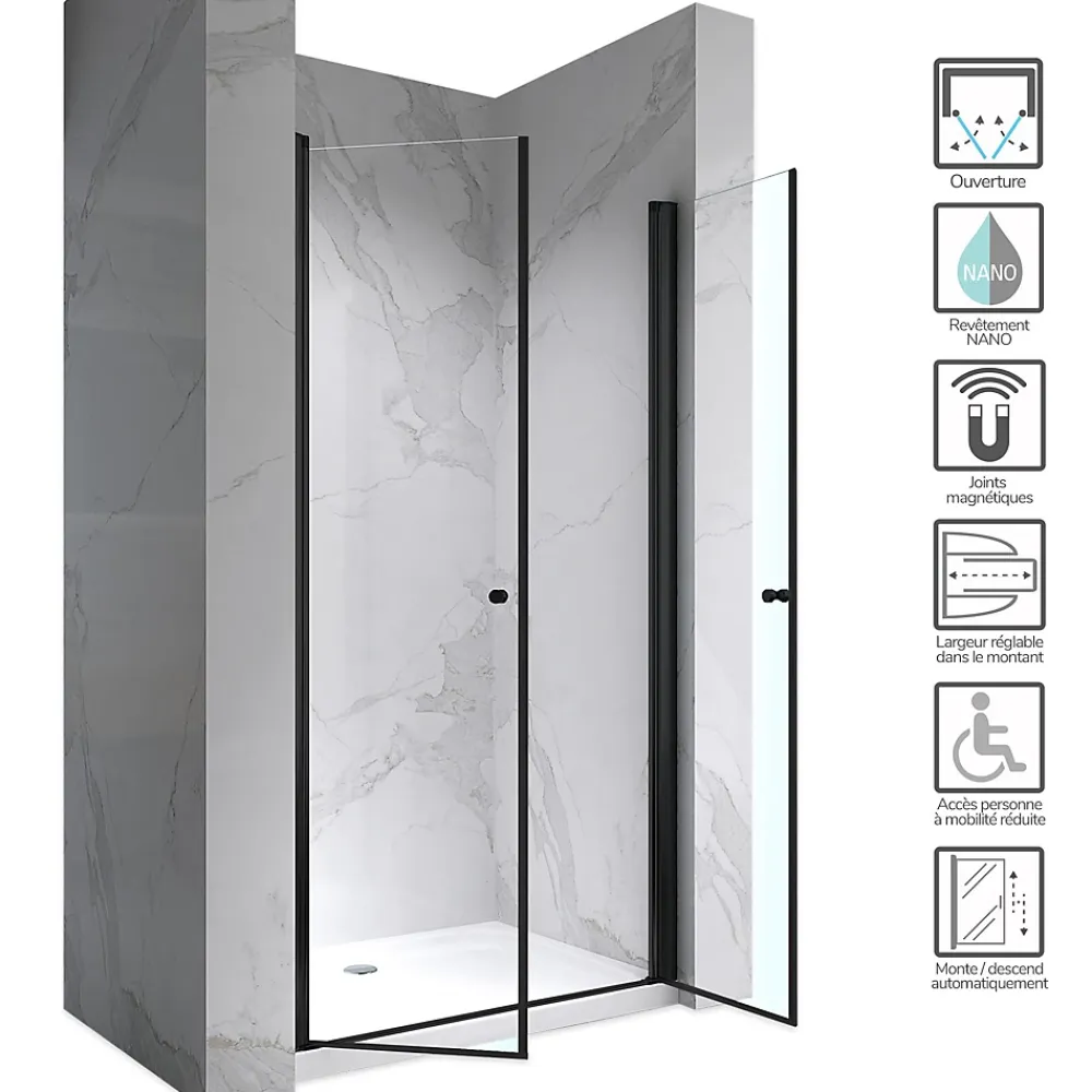 Porte De Douche|Saniverre Porte de douche GINA-BLACK H.180 cm, largeur réglable 100 à 104 cm, verre 6 mm, anticalcaire -