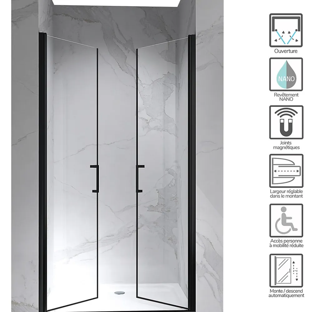 Saniverre Porte de douche KAYA-BLACK H. 195, l. 77-80 cm, verre transparent 6 mm anticalcaire -