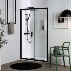 Porte De Douche|Kiamami Valentina Porte de douche niche 150 cm avec porte coulissante et cadre en aluminium noir mat