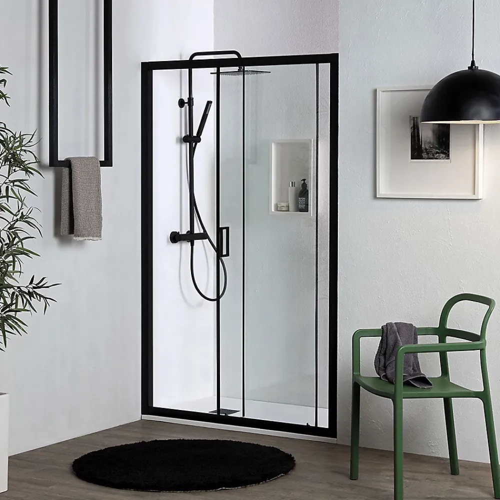 Kiamami Valentina Porte de douche niche coulissante 110 cm noir mat verre trempé 6 mm transparent - city