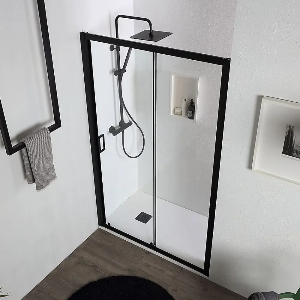 Kiamami Valentina Porte de douche noir mat 140 cm niche avec porte coulissante - city
