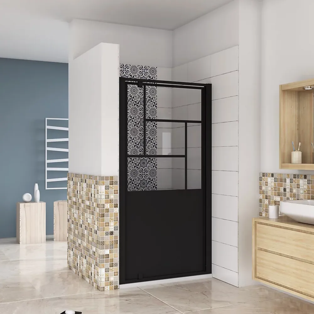 AICA Sanitaire porte de douche Noir 80x200cm,5mm verre securit,Paroi de douche avec porte pivotante,Robustesse et Design Moderne