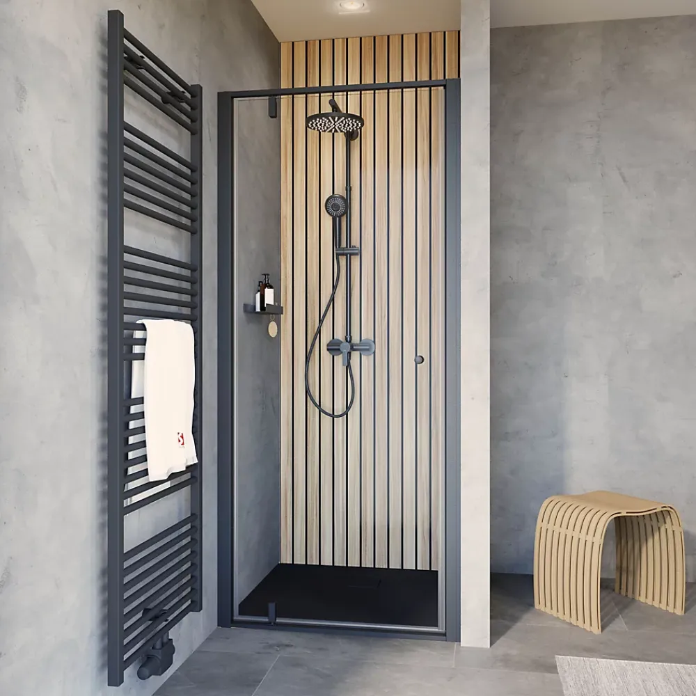 Porte De Douche|Schulte Porte de douche pivotante en niche l.90 x H.200 cm, verre transparent, profilé noir mat, Impériale