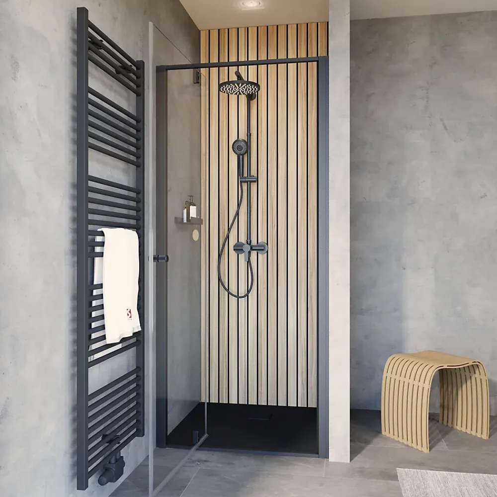 Porte De Douche|Schulte Porte de douche pivotante en niche l.90 x H.200 cm, verre transparent, profilé noir mat, Impériale