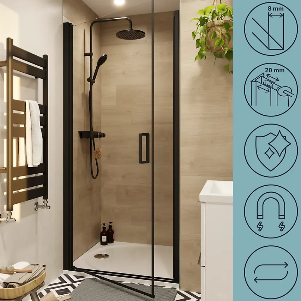 GoodHome Porte de douche pivotante l.90 x H.195 cm, verre transparent, profilés alu noir, Ledava