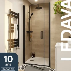 GoodHome Porte de douche pivotante l.90 x H.195 cm, verre transparent, profilés alu noir, Ledava
