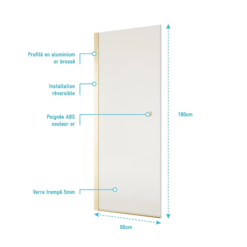 Aurlane Porte de Douche Pivotante 80x180 cm en Verre Trempe 5 mm - Finition Or Brosse - GOLD ELEMENTARY
