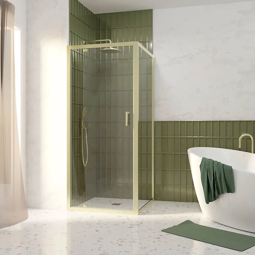 Paroi De Douche|Galedo Porte de douche pivotante et paroi fixe l.90 x 90 x H.200 cm profilés doré brossé, Factory