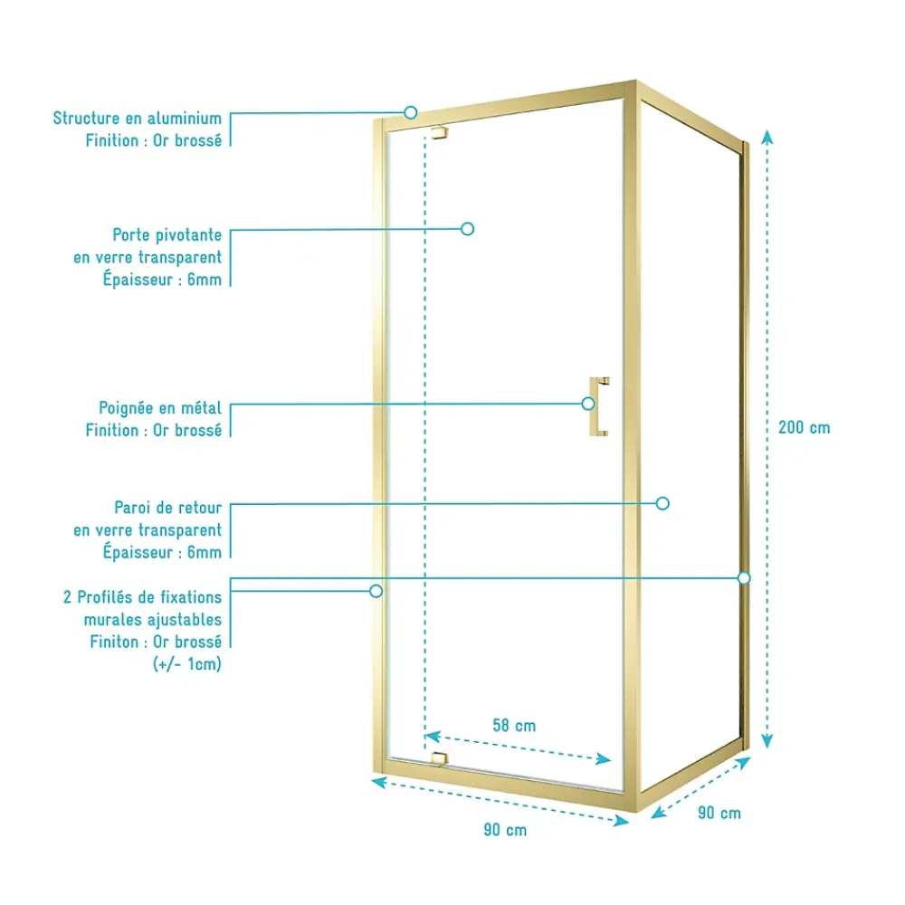 Paroi De Douche|Galedo Porte de douche pivotante et paroi fixe l.90 x 90 x H.200 cm profilés doré brossé, Factory