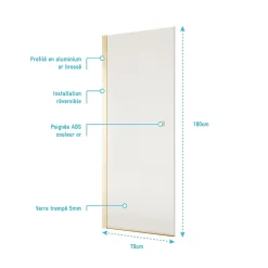 Porte De Douche|Aurlane Porte de Douche Pivotante 70x180 cm en Verre Trempe 5 mm - Finition Or Brosse - GOLD ELEMENTARY
