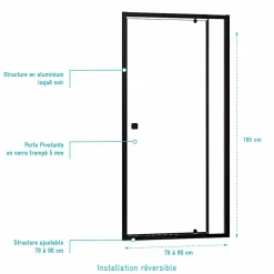Aurlane Porte de douche Pivotante Noir 80-90x185cm - Extensible de 78 à 90 cm - BLACK SLIDE 80 90