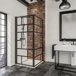 Schulte Porte de douche pivotante et paroi latérale 90 x 90 cm, NewStyle, verre transparent décor atelier, profilés noirs