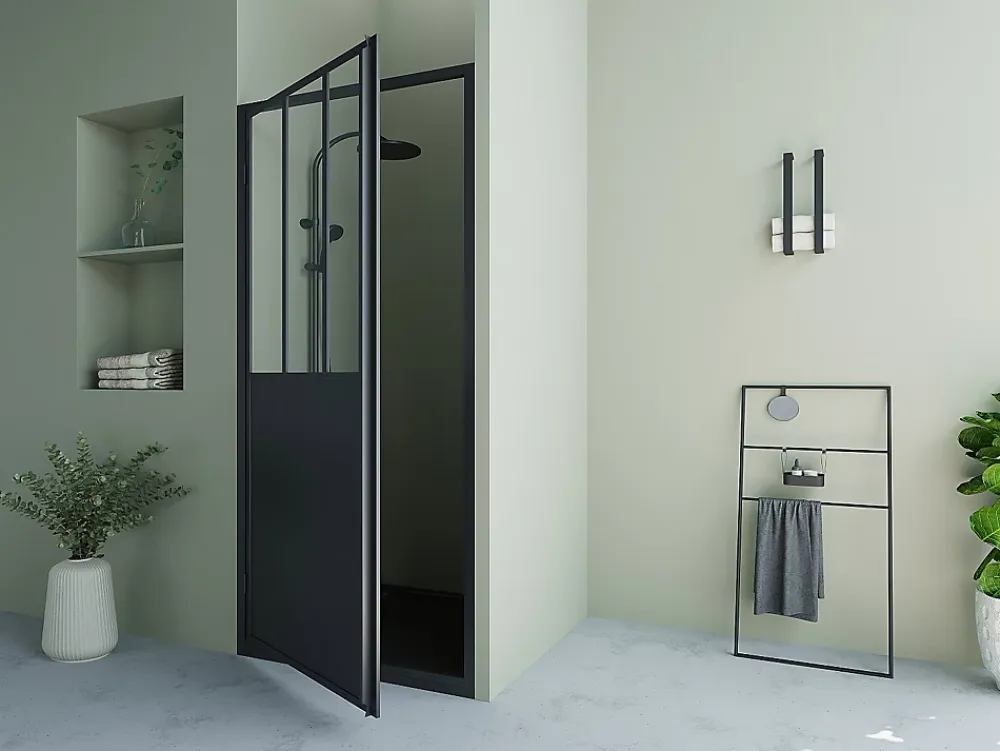 Porte De Douche|Vente-unique Porte de douche pivotante noir mat style atelier - 80 x 195 cm - URBANIK