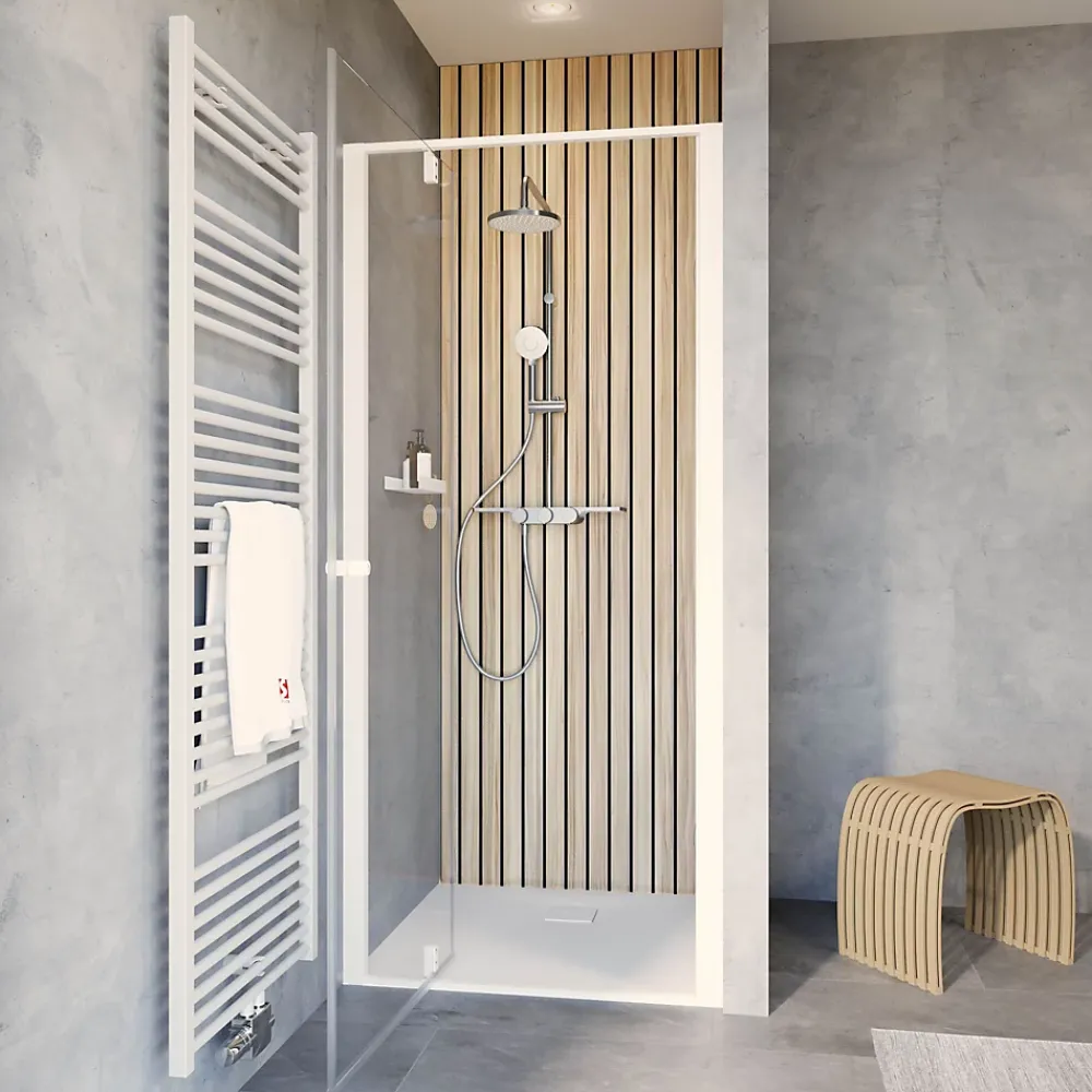 Porte De Douche|Schulte Porte de douche pivotante en niche l.100 x H.200 cm, verre transparent, profilé blanc mat, Impériale