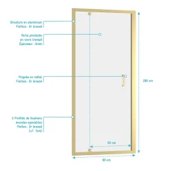 Galedo Porte de douche pivotante 90 x 200 cm, profilés alu doré brossé, Factory Gold