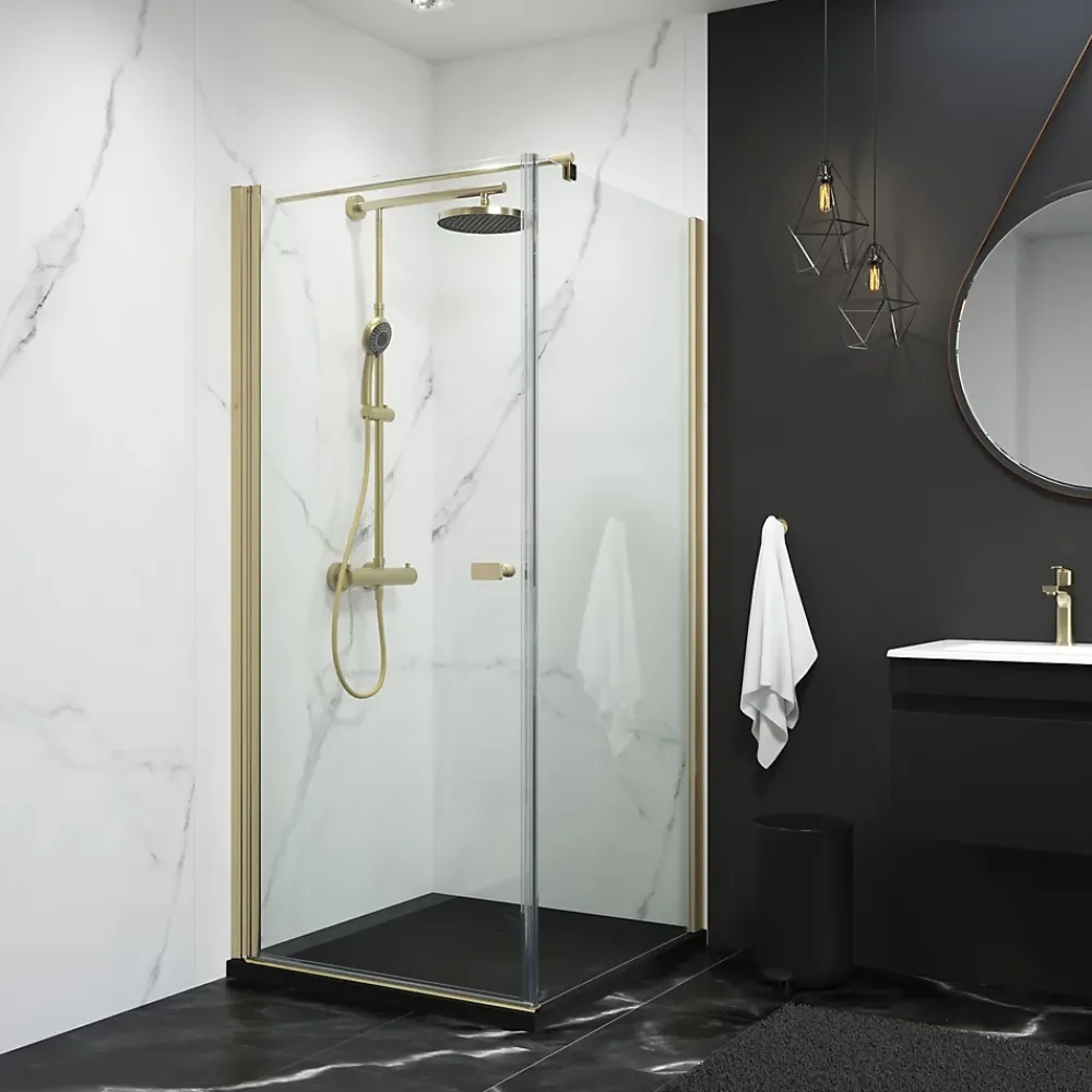 Schulte Porte de douche pivotante avec paroi latérale l.90 x H.192 cm, verre transparent, profilé or,