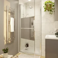GoodHome Porte de douche pivotante l.80 x H.195 cm, bandes miroir, profilés alu chrome, Ledava