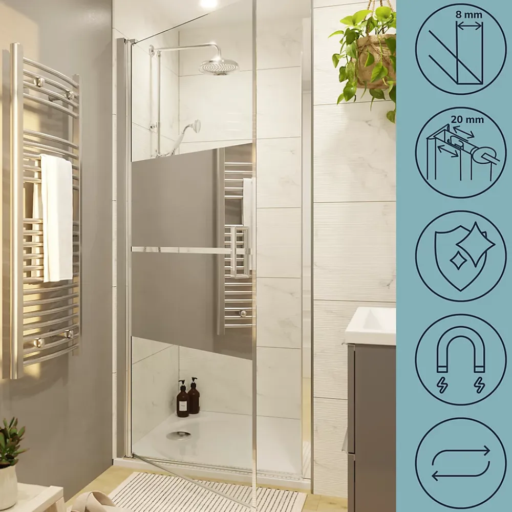 GoodHome Porte de douche pivotante l.80 x H.195 cm, bandes miroir, profilés alu chrome, Ledava