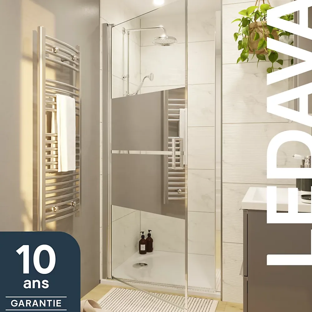 GoodHome Porte de douche pivotante l.80 x H.195 cm, bandes miroir, profilés alu chrome, Ledava