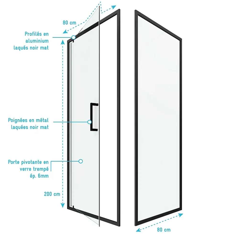 Aurlane Porte de douche Pivotante et retour 80x80x200 - Profilés noir mat - CRUSH PIVOTANTE