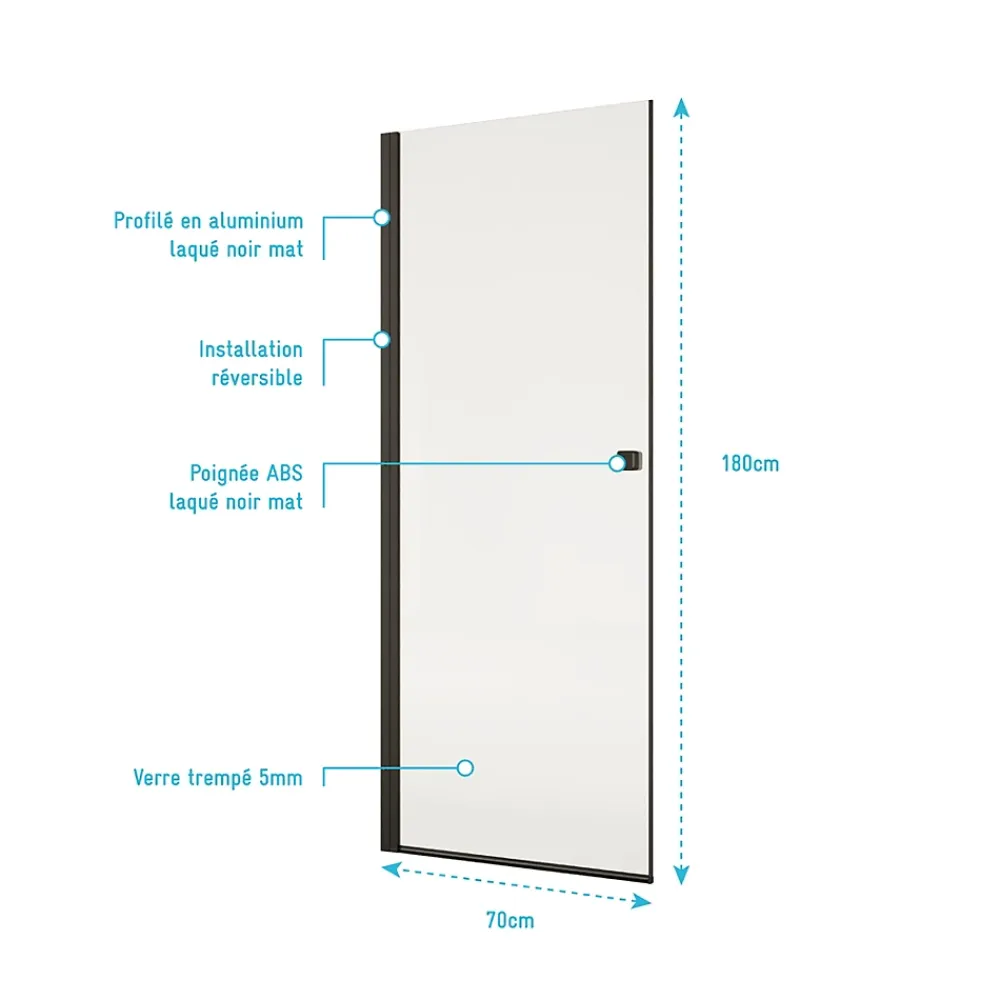 Porte De Douche|Aurlane Porte de Douche Pivotante 70x180 cm en Verre Trempe 5 mm - Finition Noire - DARK ELEMENTARY