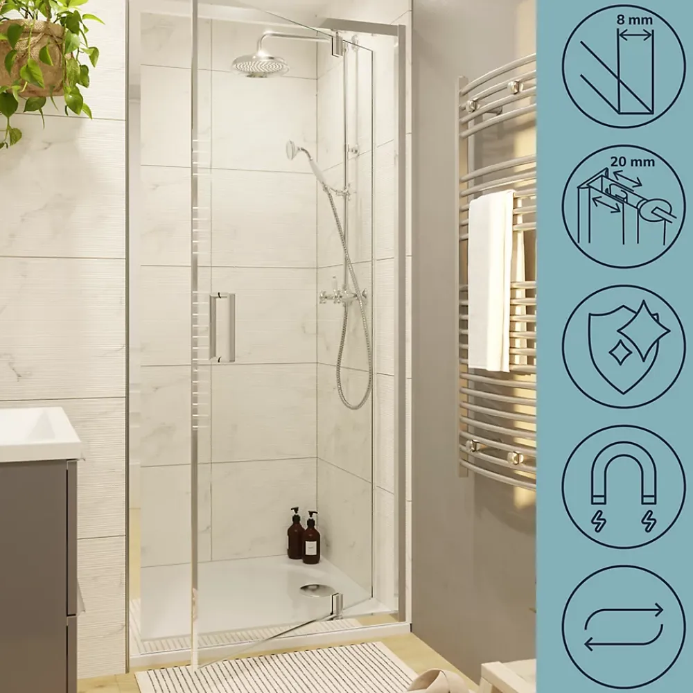 Porte De Douche|GoodHome Porte de douche pivotante axe excentré l.80 cm x H.195 cm, verre transparent, profilés alu chrome, Ledava