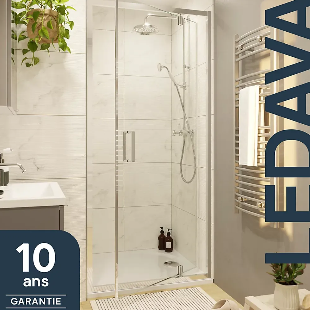 Porte De Douche|GoodHome Porte de douche pivotante axe excentré l.80 cm x H.195 cm, verre transparent, profilés alu chrome, Ledava