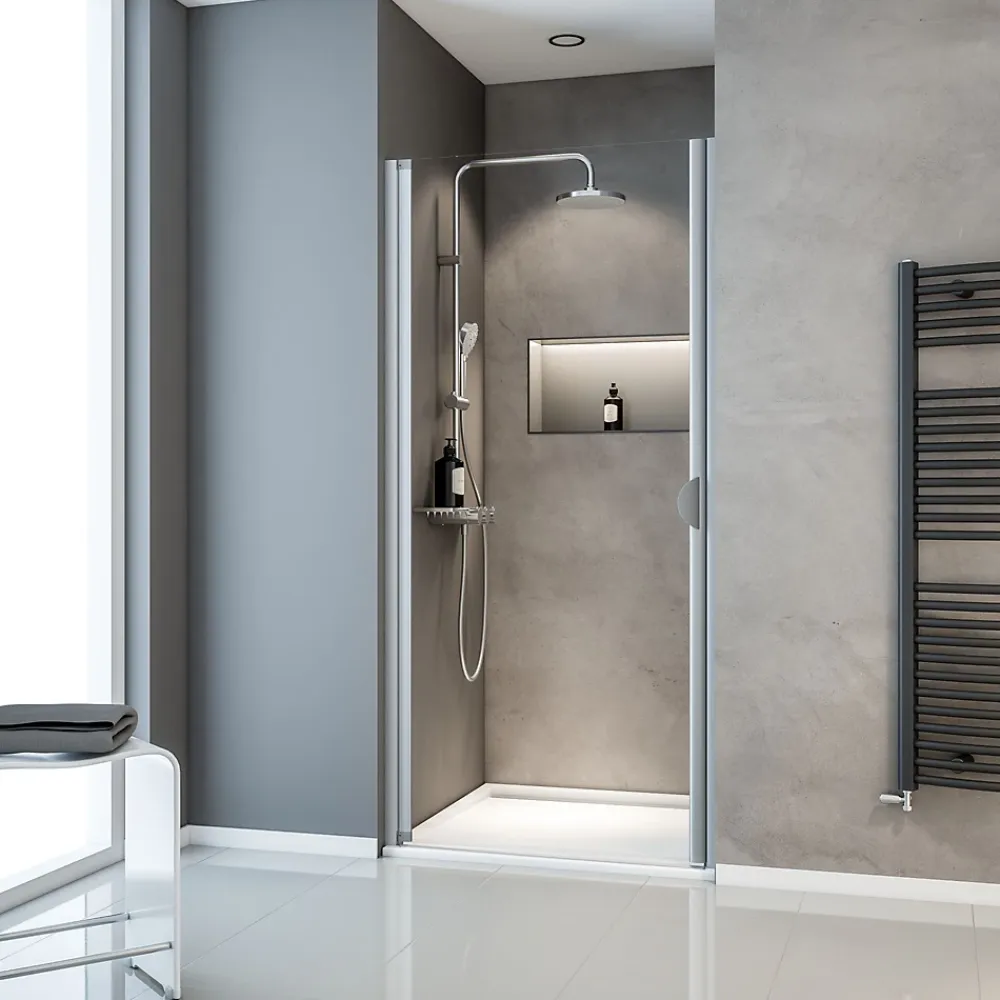 Schulte Porte de douche pivotante l.80 x H.180 cm, verre transparent, profilé blanc, Sunny I
