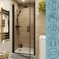 GoodHome Porte de douche pivotante l.80 x H.195 cm, verre transparent, profilés alu noir, Ledava