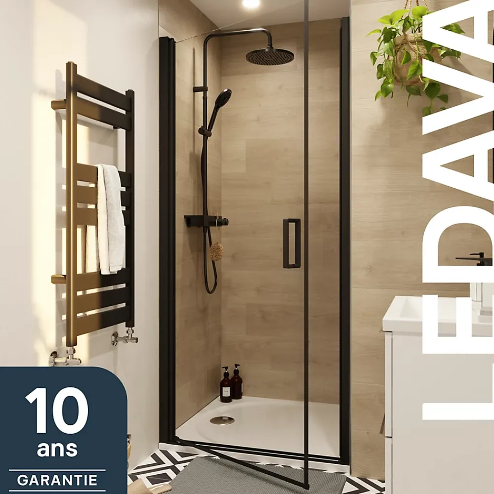 GoodHome Porte de douche pivotante l.80 x H.195 cm, verre transparent, profilés alu noir, Ledava