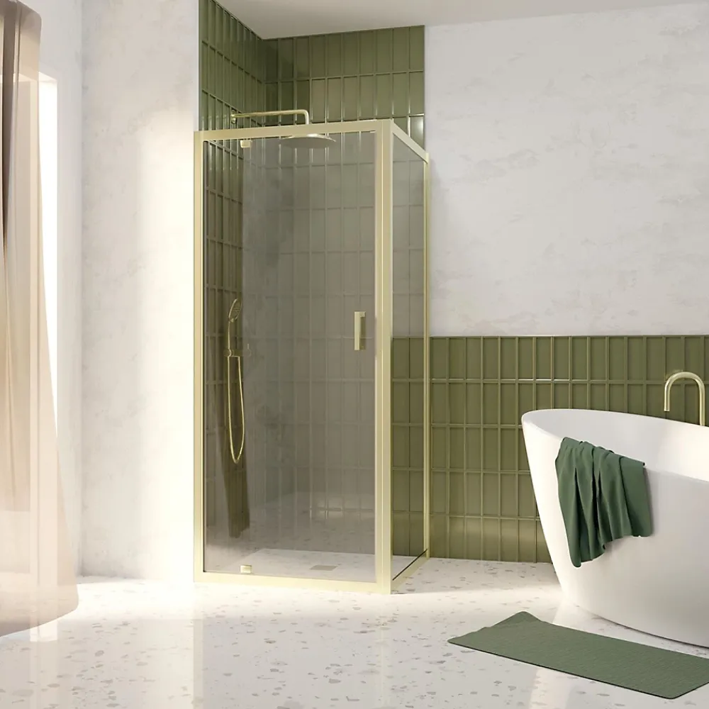 Paroi De Douche|Galedo Porte de douche pivotante et paroi fixe l.80 x 80 x H.200 cm profilés doré brossé, Factory