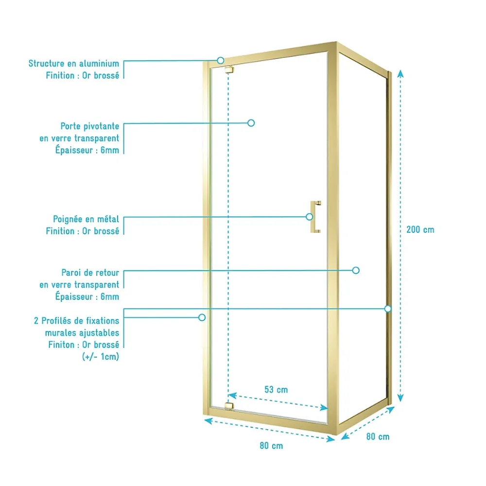 Paroi De Douche|Galedo Porte de douche pivotante et paroi fixe l.80 x 80 x H.200 cm profilés doré brossé, Factory