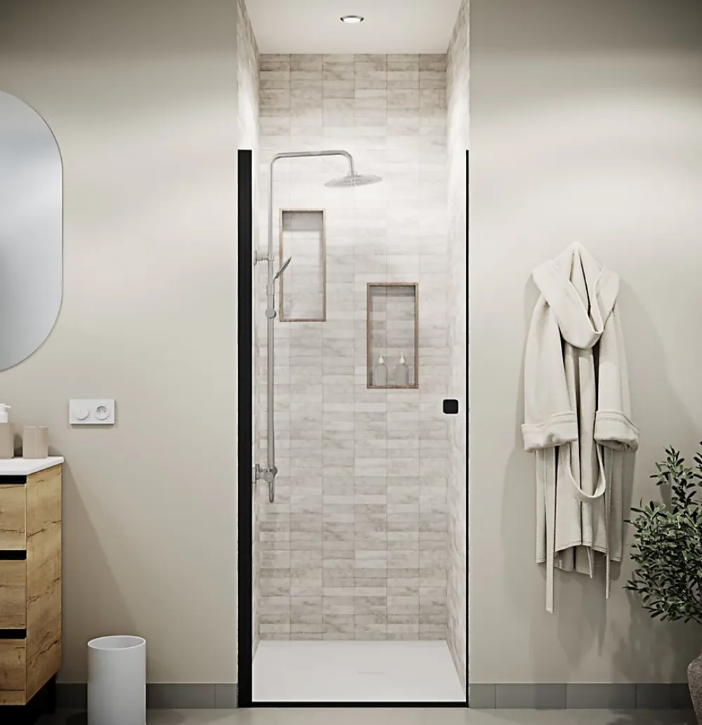 Porte De Douche|Aurlane Porte de Douche pivotante 90x180 cm en Verre Trempe 5 mm - Finition Noire - DARK ELEMENTARY