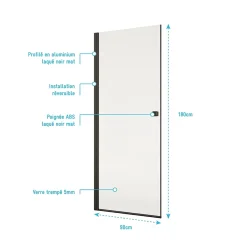 Porte De Douche|Aurlane Porte de Douche pivotante 90x180 cm en Verre Trempe 5 mm - Finition Noire - DARK ELEMENTARY