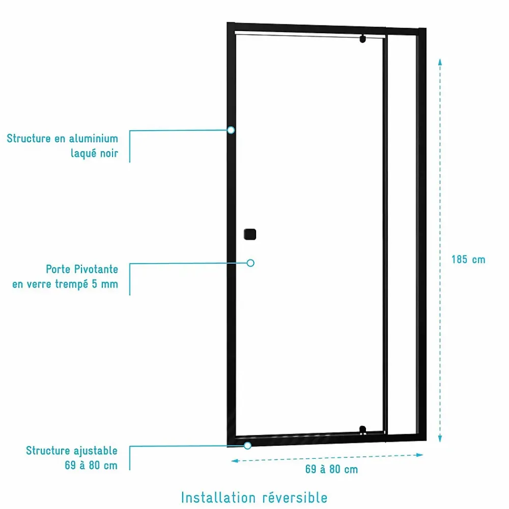 Aurlane Porte de douche Pivotante Noir 70-80x185cm - Extensible de 69 à 80 cm - BLACK SLIDE 70 80