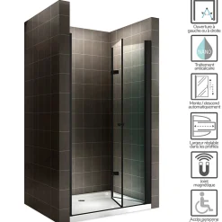 Saniverre Porte de douche pliante MONABLACK H.195 largeur réglable 100 à 104 cm verre transparent -