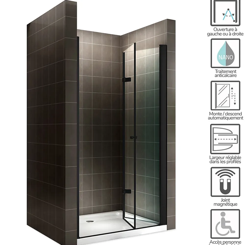 Saniverre Porte de douche pliante MONABLACK H.195 largeur réglable 96 à 100 cm verre transparent -