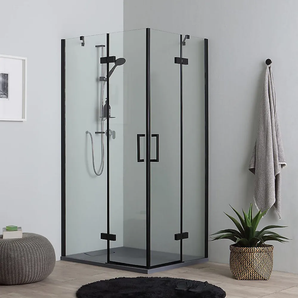 Kiamami Valentina Porte De Douche 80X100 Noire Mate Réversible Avec Deux Portes Battantes En Verre - London