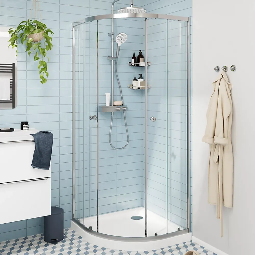 Porte De Douche|GoodHome Portes de douche coulissantes accès d'angle quart de cercle l.80 x L.80 x H.195 cm, verre transparent, profilés alu chrome, Ledava