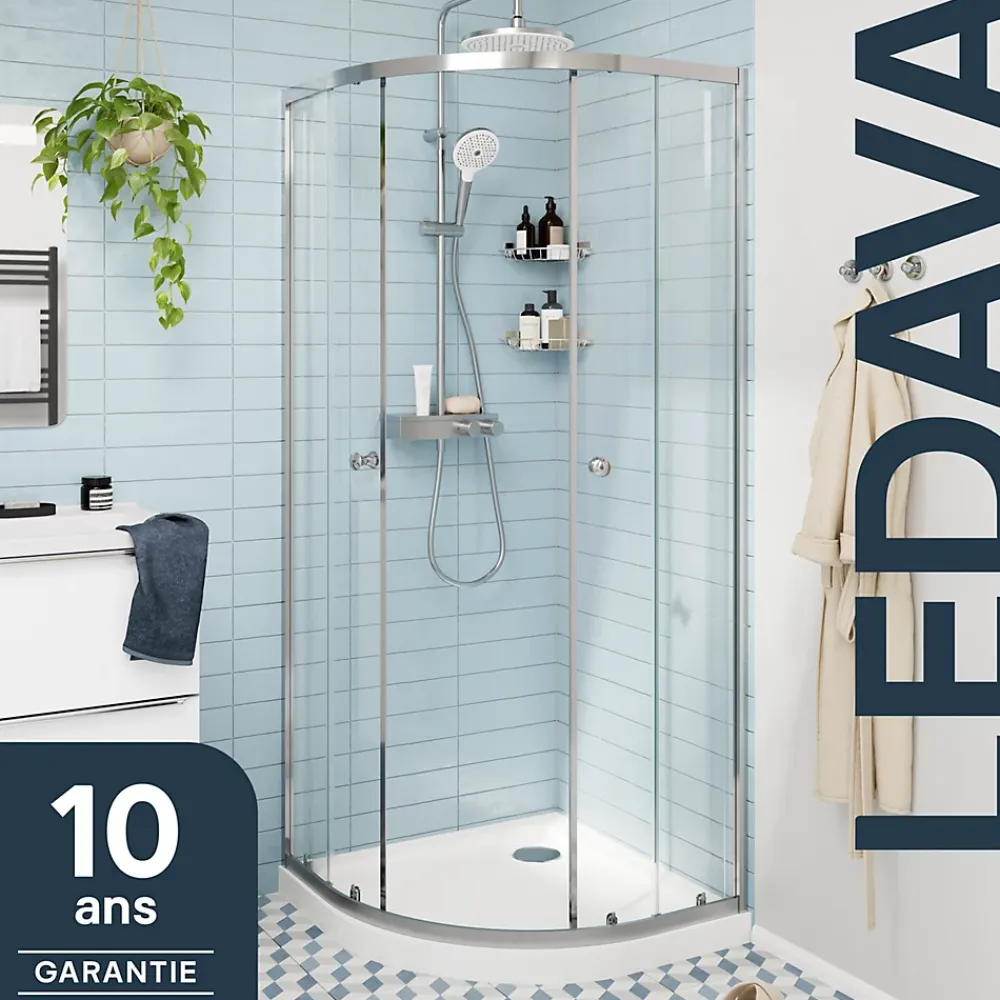 Porte De Douche|GoodHome Portes de douche coulissantes accès d'angle quart de cercle l.80 x L.80 x H.195 cm, verre transparent, profilés alu chrome, Ledava