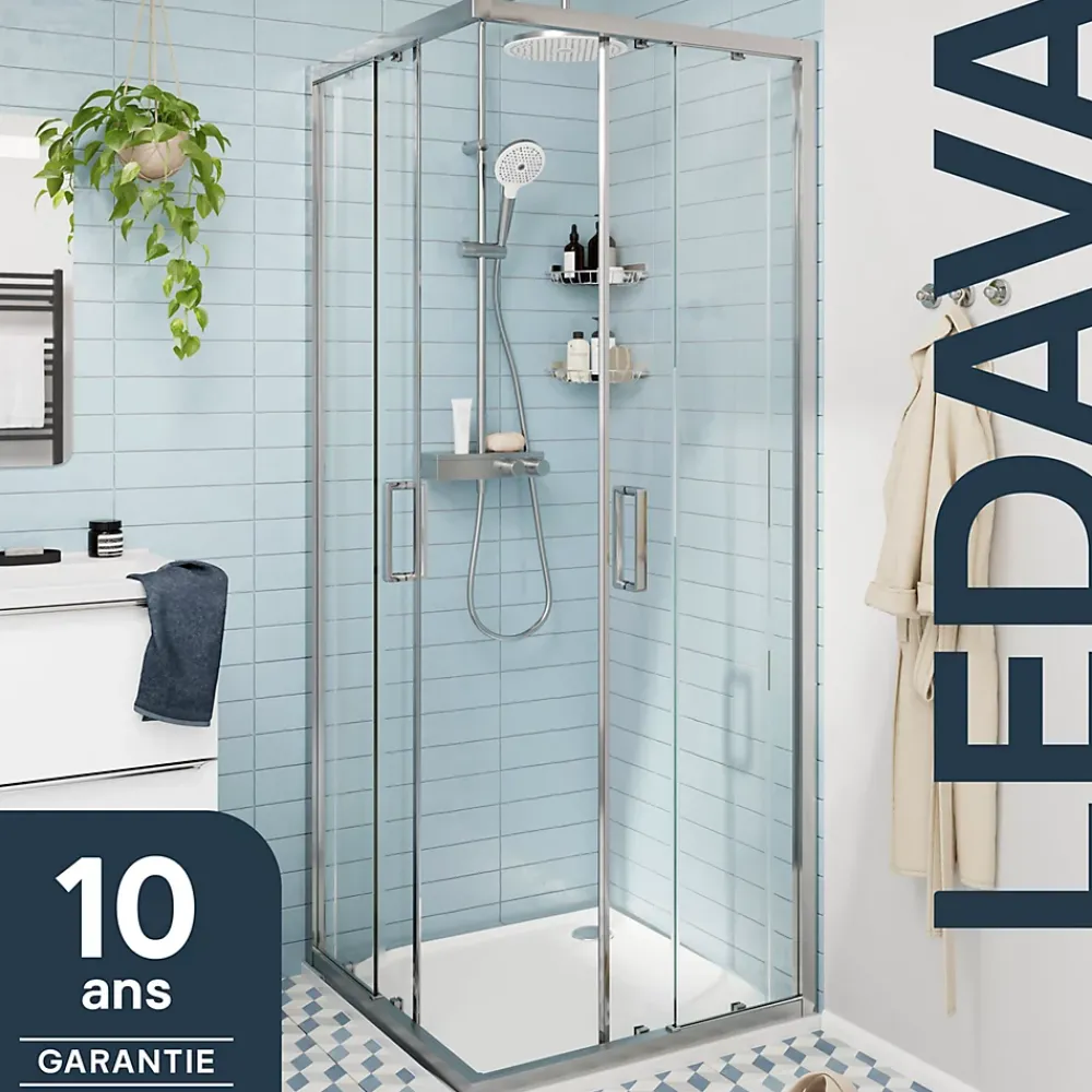 Porte De Douche|GoodHome Portes de douche coulissantes accès d'angle l.90 x L.90 x H.195 cm, verre transparent, profilés alu chrome, Ledava