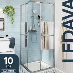 GoodHome Portes de douche coulissantes accès d'angle l.80 x L.80 x H.195 cm, bandes miroir, profilés alu chrome, Ledava