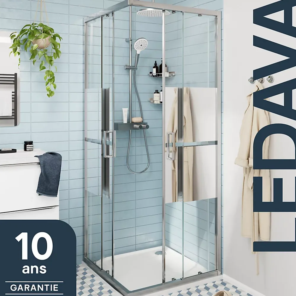 GoodHome Portes de douche coulissantes accès d'angle l.80 x L.80 x H.195 cm, bandes miroir, profilés alu chrome, Ledava
